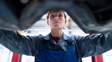 Mechanic woman blue uniform low angle wide angle garage repair focused automotive focused woman mechanic blue uniform working