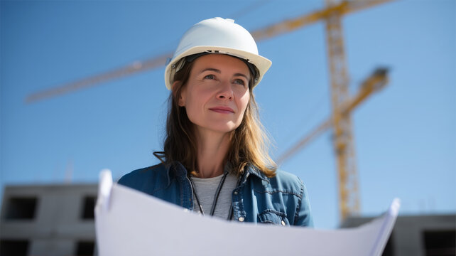 Female architect wearing white safety helmet holding blueprint, standing at construction site, confident expression