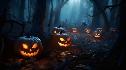 Naklejka premium Spooky Halloween Jack OLanterns in a Dark Forest Path