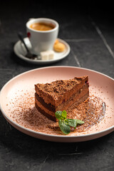 Delicious chocolate cake with mint and sauce on pink plate