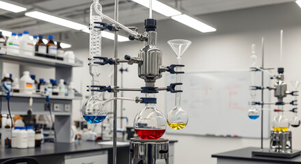 Fototapeta premium Modern chemistry lab featuring glassware, chemicals, and distillation apparatus.