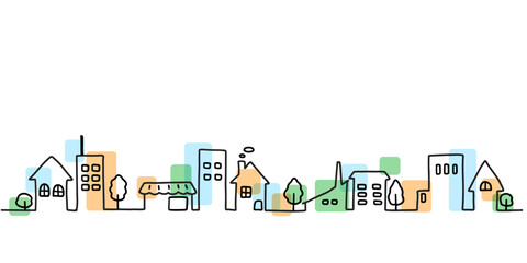 街並みのシンプルな手描き線画イラスト　カラー付き