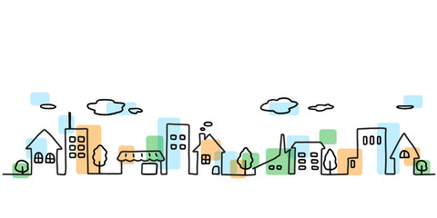 街並みのシンプルな手描き線画イラスト　カラー付き