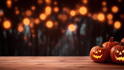Jack o lanterns on Wooden Table with Bokeh Background