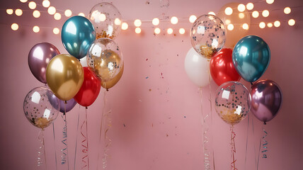 Colorful Balloons with String Lights and Confetti on Pink Background