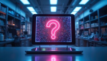A neon question mark projected from a futuristic tablet screen