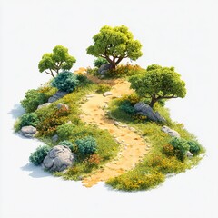 3D Mini Island Landscape with Trees and Rocks