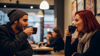 Diverse couple enjoying coffee date in cozy cafe. Man and woman chatting over espresso. Warm, intimate atmosphere for romantic meetup or friendly conversation - Powered by Adobe