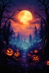 Fototapeta premium Spooky Halloween Night Path Through Graveyard with Jack o Lanterns Under a Full Moon