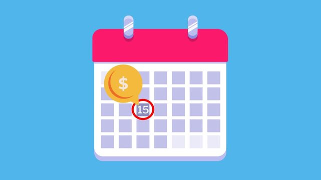 animated calendar showing a payment date on the 15th with floating dollar coins