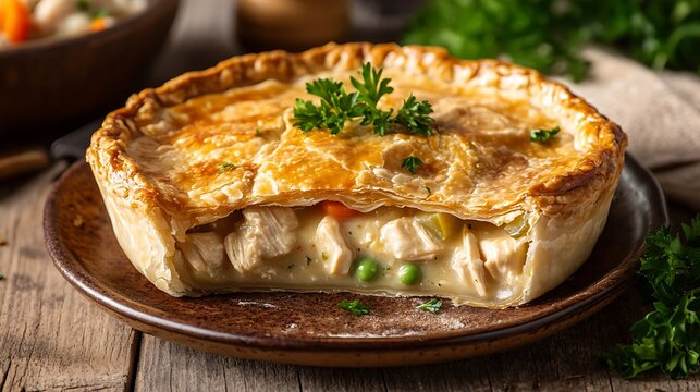 Golden-Brown Chicken Pot Pie with Flaky Crust and Fresh Garnish