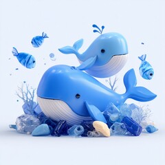 3D Blue Whale and Marine Life Underwater Scene