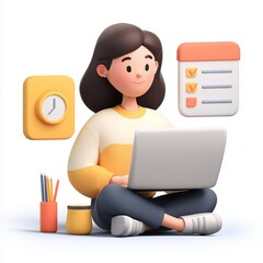3D Girl Working on Laptop with Notes