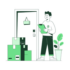 delivery man with clipboard in cartoon style home delivery illustration