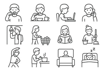 Daily routine stick figures illustrations: eating, cleaning, exercising, commuting
