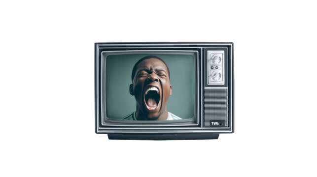 Man yelling on an old television screen