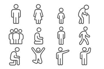 Minimalist human icons set representing various poses and activities