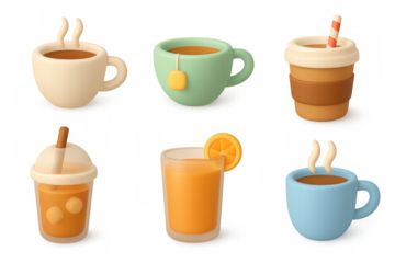 3d cartoon style variety of hot and cold beverages with decorative elements