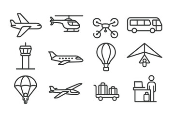 Set of outline icons for air transport and travel services