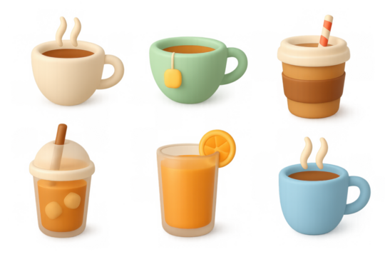 3d cartoon style variety of hot and cold beverages with decorative elements