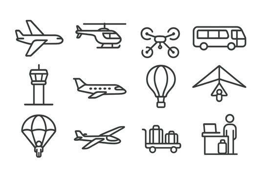Set of outline icons for air transport and travel services