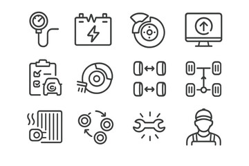 Automotive maintenance icons: battery, brakes, diagnostics, alignment, tools