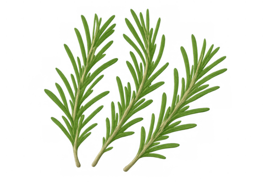 Rosemary sprigs displaying aromatic green needles and rustic woody stems against transparent surface