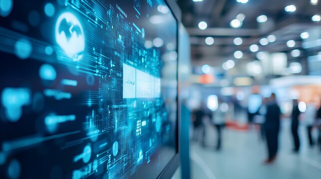 Digital Display in Modern Exposition: A close-up of an advanced digital display showcasing intricate data patterns and global connectivity, set in a bustling modern exposition.