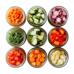 Colorful Assortment of Freshly Chopped Vegetables in Jars for Healthy Meal Prep and Storage on transparent background