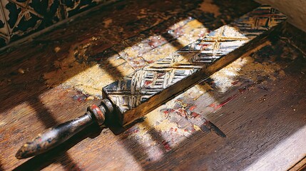 Antique printing press brayer, paint-splattered workshop, sunlit