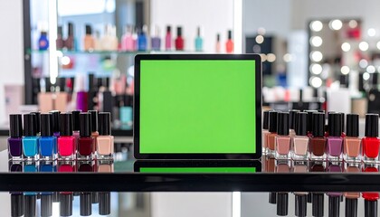 Colorful Nail Polish Bottles with Green Screen Display on a Glossy Vanity Counter