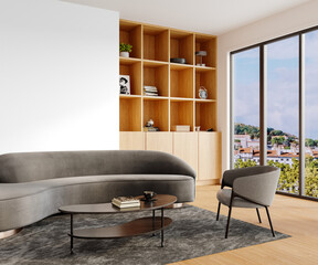Contemporary Living Room with Curved Sofa and Bookshelves – Transparent Background PNG – Detailed View