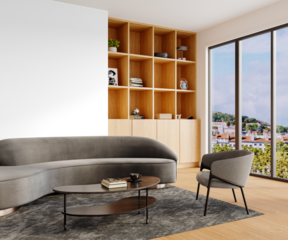 Contemporary Living Room with Curved Sofa and Bookshelves – Transparent Background PNG – Detailed View
