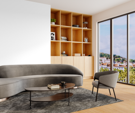 Contemporary Living Room with Curved Sofa and Bookshelves – Transparent Background PNG – Detailed View