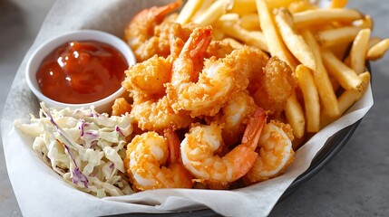 Crispy Shrimp Basket with Fries, Coleslaw, and Dipping Sauce