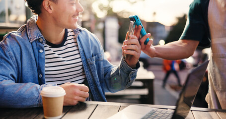 Pos machine, waiter and man with smartphone, ecommerce and payment with wireless transaction. Cafe,...