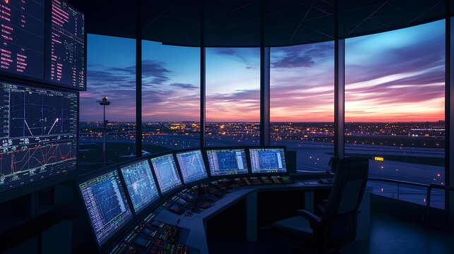 Twilight Control Tower: An atmospheric image of an air traffic control tower, filled with glowing screens and displays, overlooking a city as twilight descends.