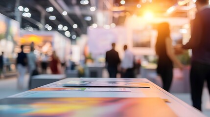 Trade Show Exhibition: A vibrant trade show exhibition, with a table in the foreground displaying brochures, while an array of blurred figures mill about, capturing the ambiance and atmosphere.
