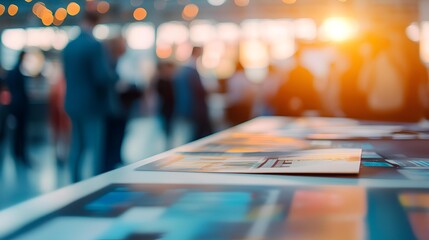 Blurred Exposition: A shallow focus shot of a conference table with printed marketing materials, a sea of individuals interacting in the unfocused background creating a sense of buzz.