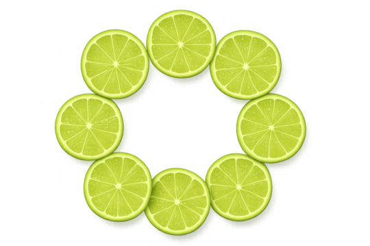 Vibrant lime slices arranged in circular pattern, showcasing fresh citrus design element against transparent backdrop