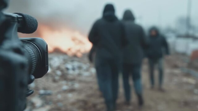 Cameraman filming two men walking towards fire in desolate area. Documentary on conflict zones, war reporting, or civil unrest. Journalism in dangerous situations.