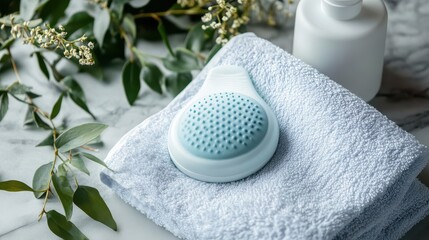 Soft Silicone Facial Brush with Foam Cleanser on Towel and Bottle