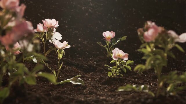 Great home garden. Growing Seedlings Bushes of a blooming wild tea rose in the rays of light