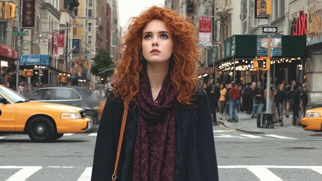Redhead woman crossing urban street in New York City. Busy intersection with yellow taxis. Fashion portrait in city environment. Lifestyle and travel concept.