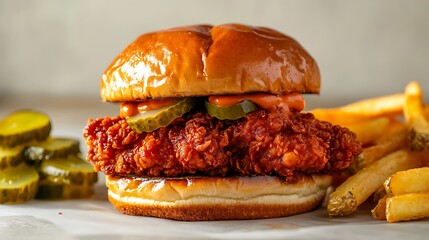 Crispy Fried Chicken Sandwich with Pickles and Fries