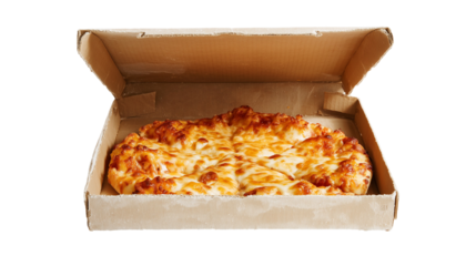 Pizza with cheese in a cardboard box