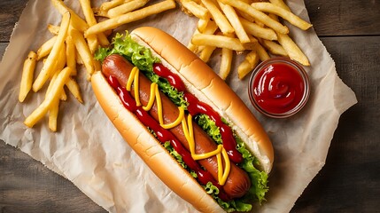 Classic Hot Dog with Ketchup and Mustard Served with French Fries