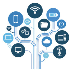 Technology network tree with digital icons and blue color scheme