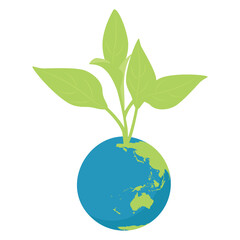 Planet Earth with green sprout and leaves. Eco-friendly concept for Earth Day, World Environment Day, and nature conservation