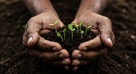 Fototapeta premium Hands holding young plants in soil, symbolizing new life and growth